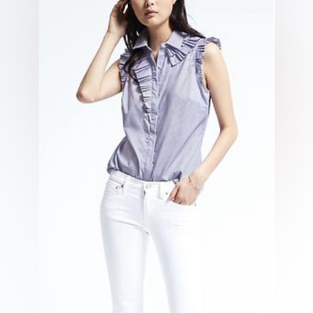 Banana Republic RILEY-FIT STRIPE RUFFLE SHIRT Size 2P Preppy Rich Girl